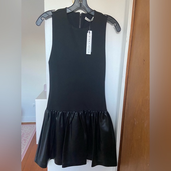Alice + Olivia - Ella Combo Vegan Leather Drop Waist Sleeveless Mini Dress - Picture 2 of 3